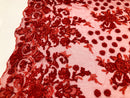 Red - Mini 3D Flower Embroidered Mesh Sequins And Beaded Fabric Sold By The Yard