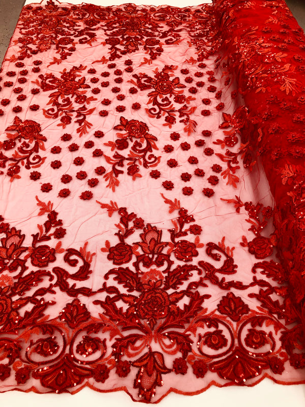 Red - Mini 3D Flower Embroidered Mesh Sequins And Beaded Fabric Sold By The Yard