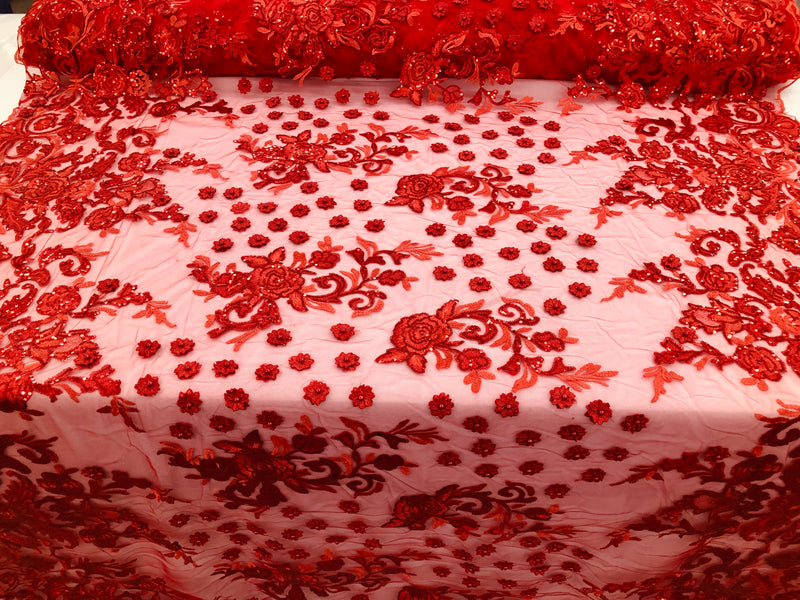 Red - Mini 3D Flower Embroidered Mesh Sequins And Beaded Fabric Sold By The Yard