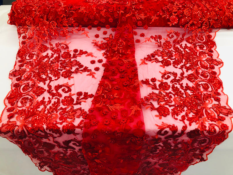 Red - Mini 3D Flower Embroidered Mesh Sequins And Beaded Fabric Sold By The Yard