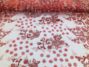 Coral - Mini 3D Flower Embroidered Mesh Sequins And Beaded Fabric Sold By The Yard