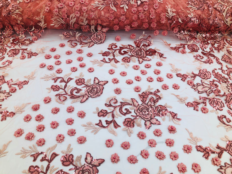 Coral - Mini 3D Flower Embroidered Mesh Sequins And Beaded Fabric Sold By The Yard