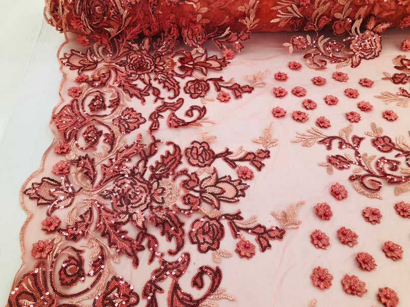 Coral - Mini 3D Flower Embroidered Mesh Sequins And Beaded Fabric Sold By The Yard