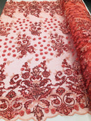 Coral - Mini 3D Flower Embroidered Mesh Sequins And Beaded Fabric Sold By The Yard