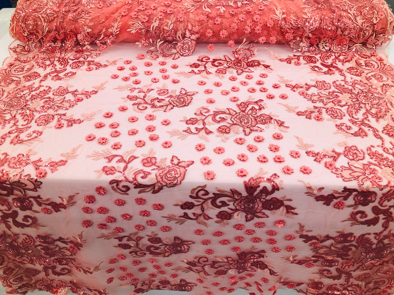 Coral - Mini 3D Flower Embroidered Mesh Sequins And Beaded Fabric Sold By The Yard