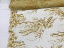 Beaded - Champagne - Elegant Small Flower Pattern Design Sequins Fabric with Beads Sold By The Yard