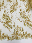 Beaded - Champagne - Elegant Small Flower Pattern Design Sequins Fabric with Beads Sold By The Yard