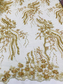 Beaded - Champagne - Elegant Small Flower Pattern Design Sequins Fabric with Beads Sold By The Yard