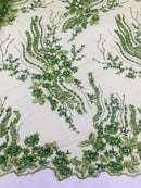 Beaded - Olive - Elegant Small Flower Pattern Design Sequins Fabric with Beads Sold By The Yard