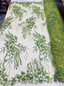 Beaded - Olive - Elegant Small Flower Pattern Design Sequins Fabric with Beads Sold By The Yard