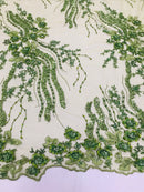 Beaded - Olive - Elegant Small Flower Pattern Design Sequins Fabric with Beads Sold By The Yard