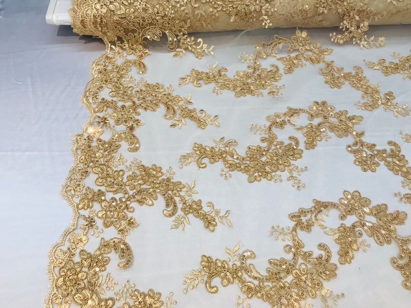 Floral Lace Fabric - Light Gold - Flowers Embroidery Sequins Mesh Design Fabric Sold By The Yard