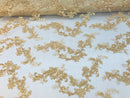 Floral Lace Fabric - Light Gold - Flowers Embroidery Sequins Mesh Design Fabric Sold By The Yard