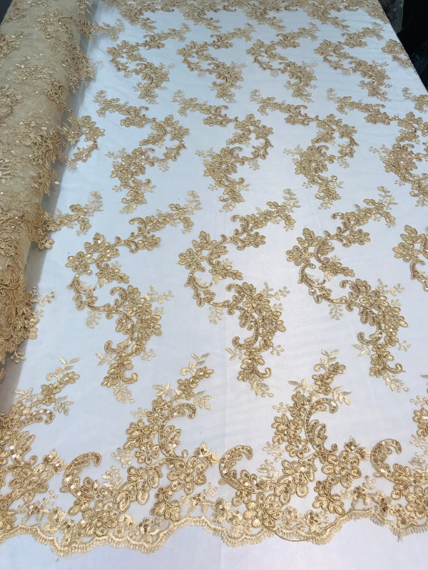 Floral Lace Fabric - Light Gold - Flowers Embroidery Sequins Mesh Design Fabric Sold By The Yard