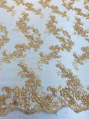 Floral Lace Fabric - Light Gold - Flowers Embroidery Sequins Mesh Design Fabric Sold By The Yard