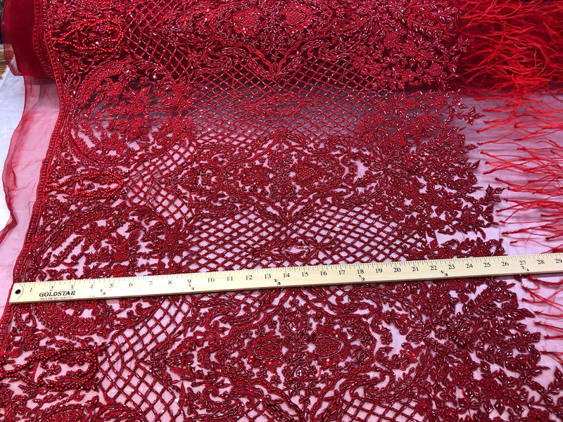 Beaded Feather Fabric - Red - Embroidered Luxury Mesh Lace Beads and Feathers By The Yard