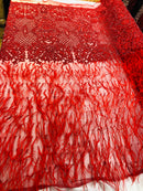 Beaded Feather Fabric - Red - Embroidered Luxury Mesh Lace Beads and Feathers By The Yard