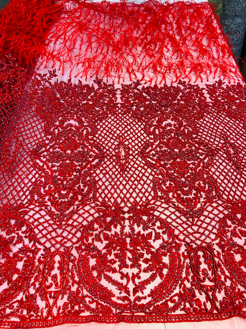 Beaded Feather Fabric - Red - Embroidered Luxury Mesh Lace Beads and Feathers By The Yard