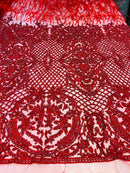 Beaded Feather Fabric - Red - Embroidered Luxury Mesh Lace Beads and Feathers By The Yard