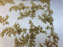 Beaded Fabric - Gold - Embroidered Flower Lace Fabric with Beads On A Mesh Sold By The Yard