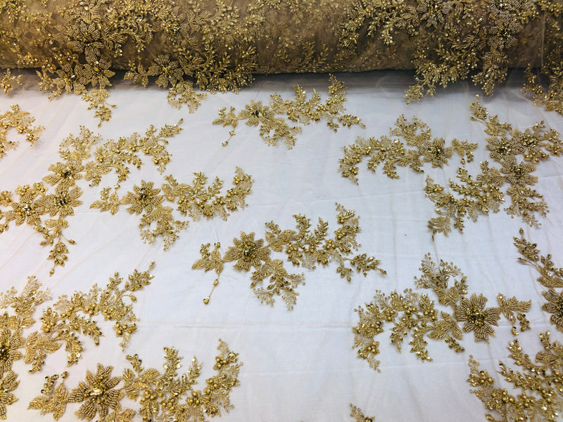 Beaded Fabric - Gold - Embroidered Flower Lace Fabric with Beads On A Mesh Sold By The Yard