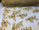 Beaded Fabric - Gold - Embroidered Flower Lace Fabric with Beads On A Mesh Sold By The Yard