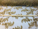 Beaded Fabric - Gold - Embroidered Flower Lace Fabric with Beads On A Mesh Sold By The Yard