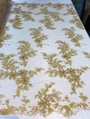 Beaded Fabric - Gold - Embroidered Flower Lace Fabric with Beads On A Mesh Sold By The Yard