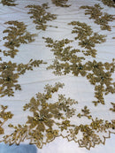 Beaded Fabric - Gold - Embroidered Flower Lace Fabric with Beads On A Mesh Sold By The Yard
