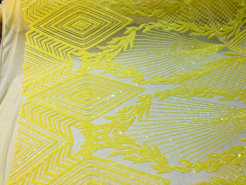 4 Way Stretch - Yellow - Geometric Design Sequins On Mesh Beautiful Fashion Fabrics Sold By Yard