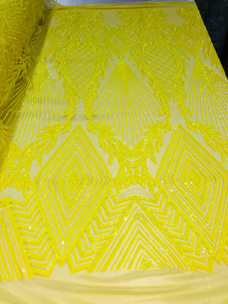 4 Way Stretch - Yellow - Geometric Design Sequins On Mesh Beautiful Fashion Fabrics Sold By Yard