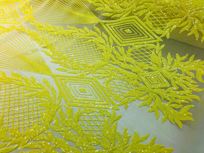4 Way Stretch - Yellow - Geometric Design Sequins On Mesh Beautiful Fashion Fabrics Sold By Yard