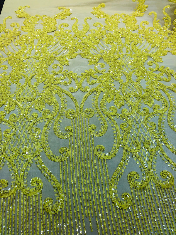 4 Way Stretch - Yellow - Damask Net Design Sequins On Mesh Elegant Fashion Fabrics Sold By Yard