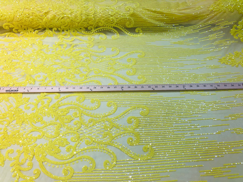 4 Way Stretch - Yellow - Damask Net Design Sequins On Mesh Elegant Fashion Fabrics Sold By Yard