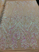Big Damask Sequins Fabric - Iridescent Baby Pink - 4 Way Stretch Damask Sequins Design Fabric By Yard