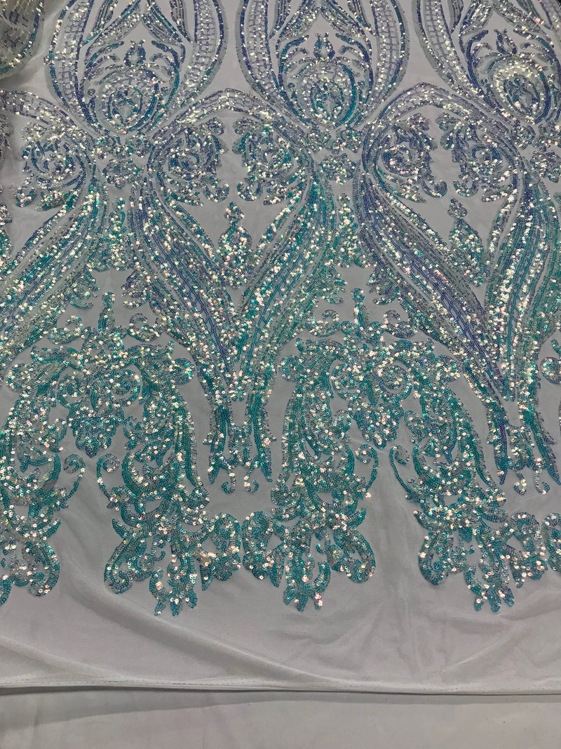 Big Damask Sequins Fabric - Iridescent Clear - 4 Way Stretch Damask Sequins Design Fabric By Yard