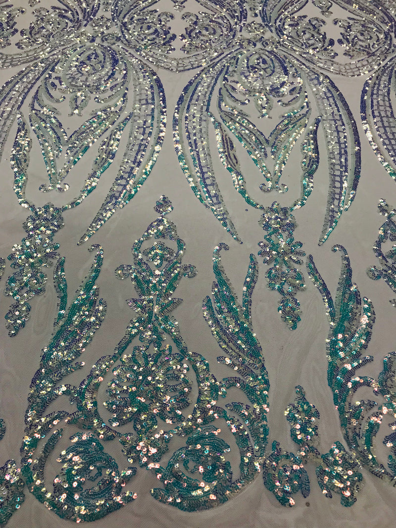 Big Damask Sequins Fabric - Iridescent Clear - 4 Way Stretch Damask Sequins Design Fabric By Yard