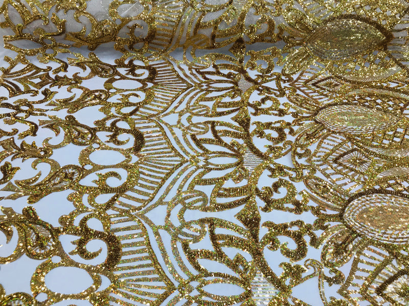 Hologram Gold - 4 Way Stretch Embroidered Royalty Sequins Design Fabric By Yard