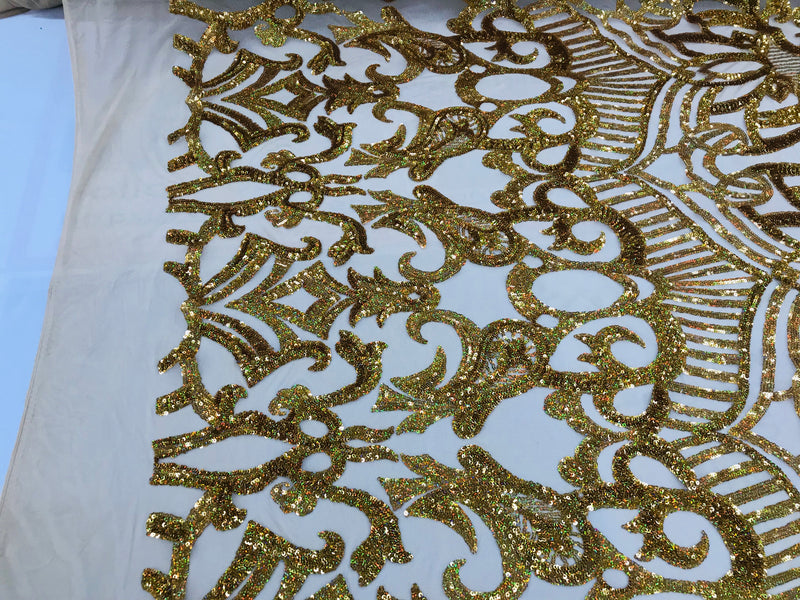 Hologram Gold - 4 Way Stretch Embroidered Royalty Sequins Design Fabric By Yard