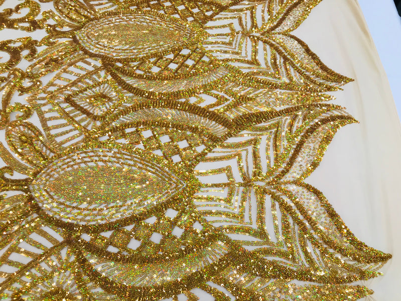 Hologram Gold - 4 Way Stretch Embroidered Royalty Sequins Design Fabric By Yard
