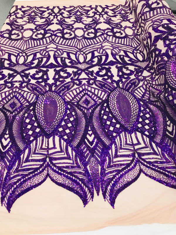 Hologram Purple  - 4 Way Stretch Embroidered Royalty Sequins Design Fabric By Yard