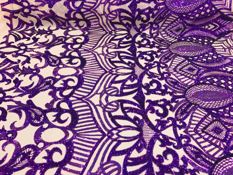 Hologram Purple  - 4 Way Stretch Embroidered Royalty Sequins Design Fabric By Yard