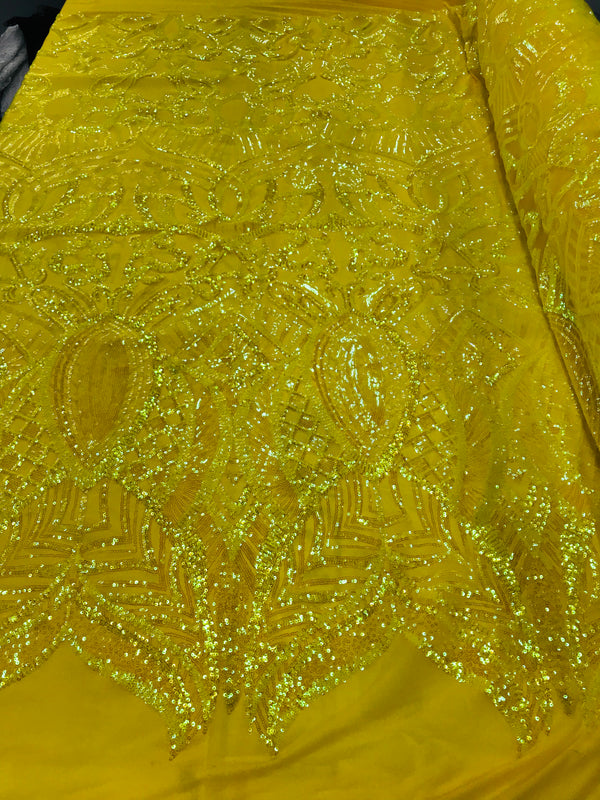 Hologram Yellow - 4 Way Stretch Embroidered Royalty Sequins Design Fabric By Yard