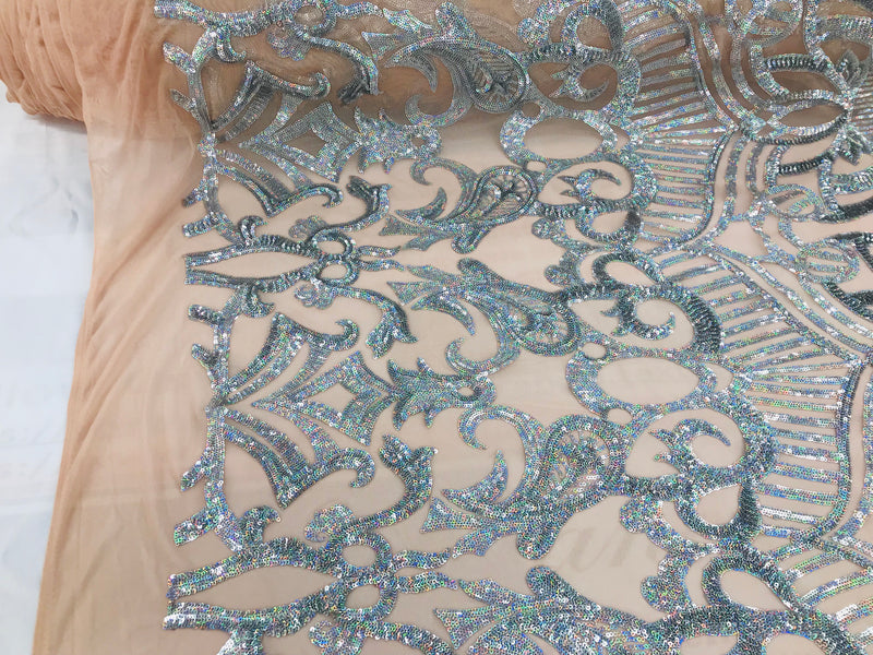 Hologram Silver Nude - 4 Way Stretch Embroidered Royalty Sequins Fancy Design Fabric By Yard