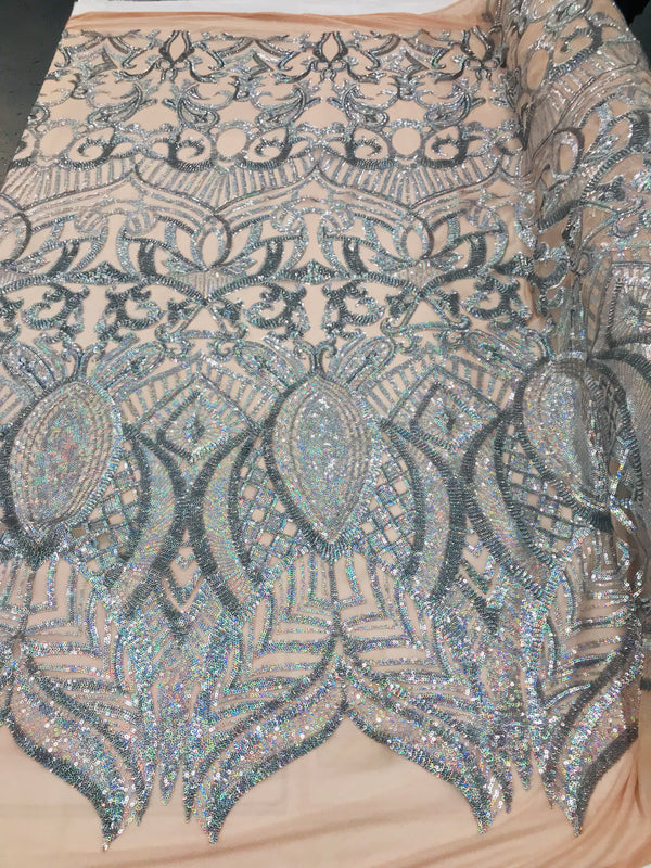 Hologram Silver Nude - 4 Way Stretch Embroidered Royalty Sequins Fancy Design Fabric By Yard