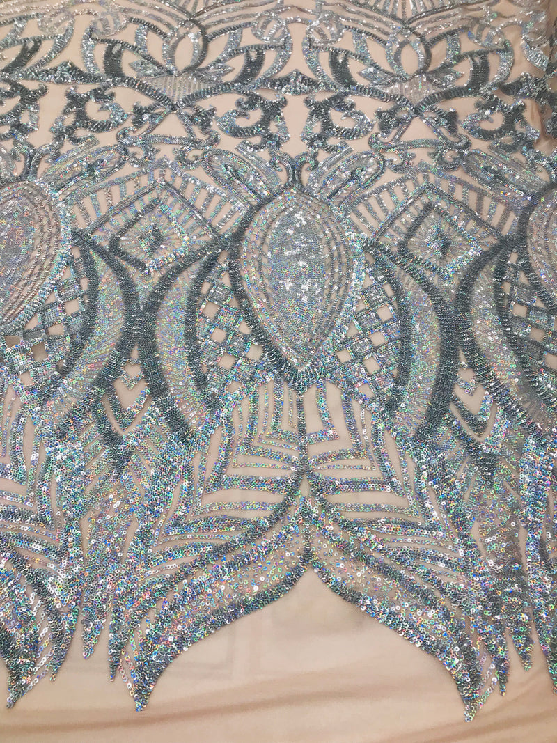 Hologram Silver Nude - 4 Way Stretch Embroidered Royalty Sequins Fancy Design Fabric By Yard