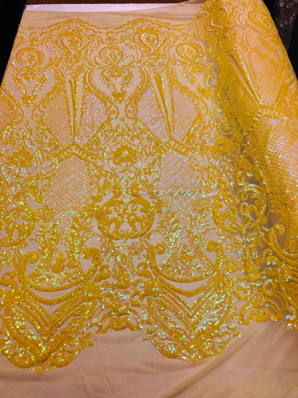 4 Way Stretch - Yellow - Damask Fish Net Design Sequins Fashion Dress Fabric Mesh Sold By The Yard