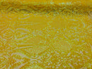 4 Way Stretch - Yellow - Damask Fish Net Design Sequins Fashion Dress Fabric Mesh Sold By The Yard
