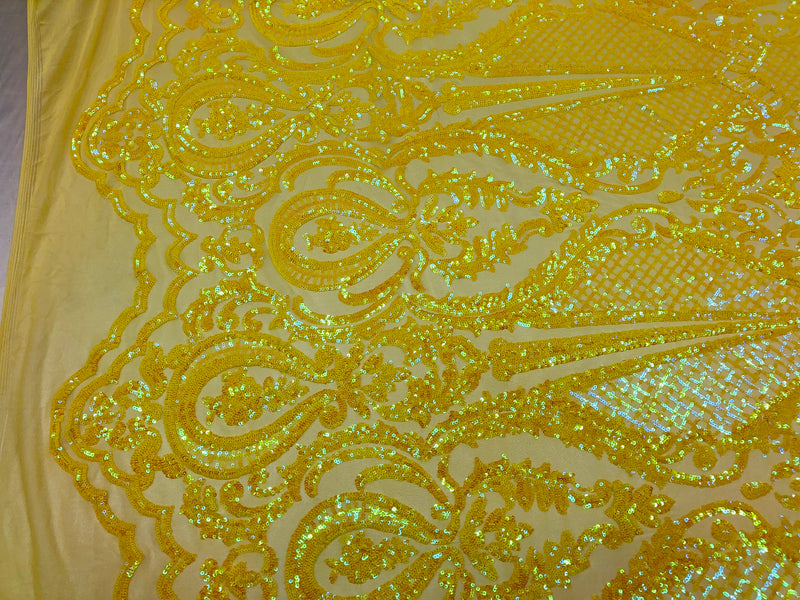 4 Way Stretch - Yellow - Damask Fish Net Design Sequins Fashion Dress Fabric Mesh Sold By The Yard