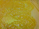 4 Way Stretch - Yellow - Damask Fish Net Design Sequins Fashion Dress Fabric Mesh Sold By The Yard